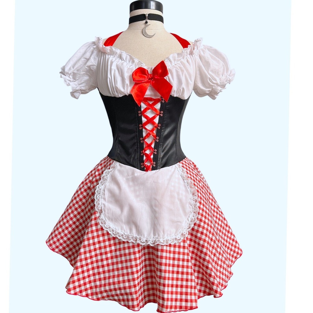 Medium Little Red Riding Hood Gingham Milkmaid Costume Dress Red White Black